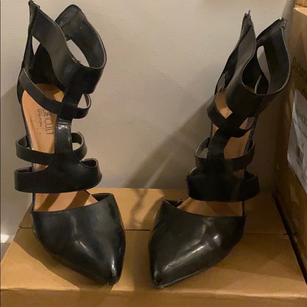 Black faux leather heels
